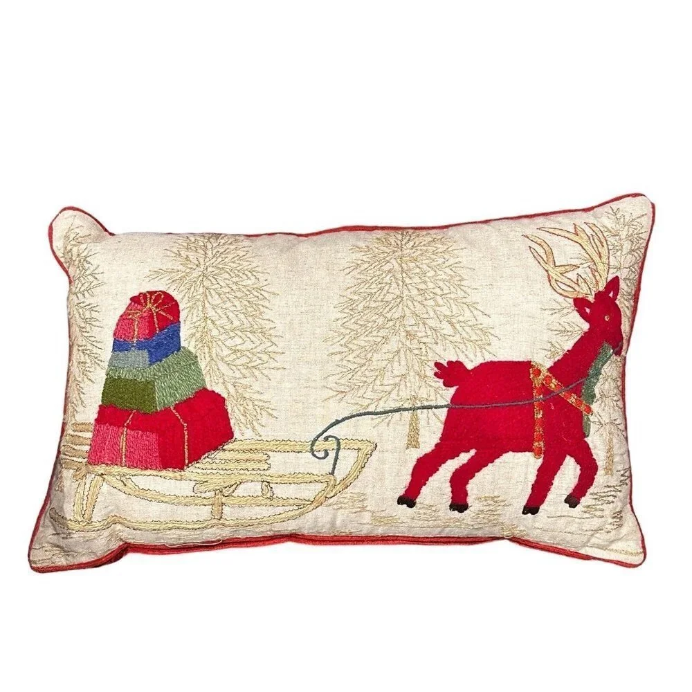 Accent Throw Pillow 12x20‎ Inch Santa Sleigh Reindeer Multicolor Embroidered EUC